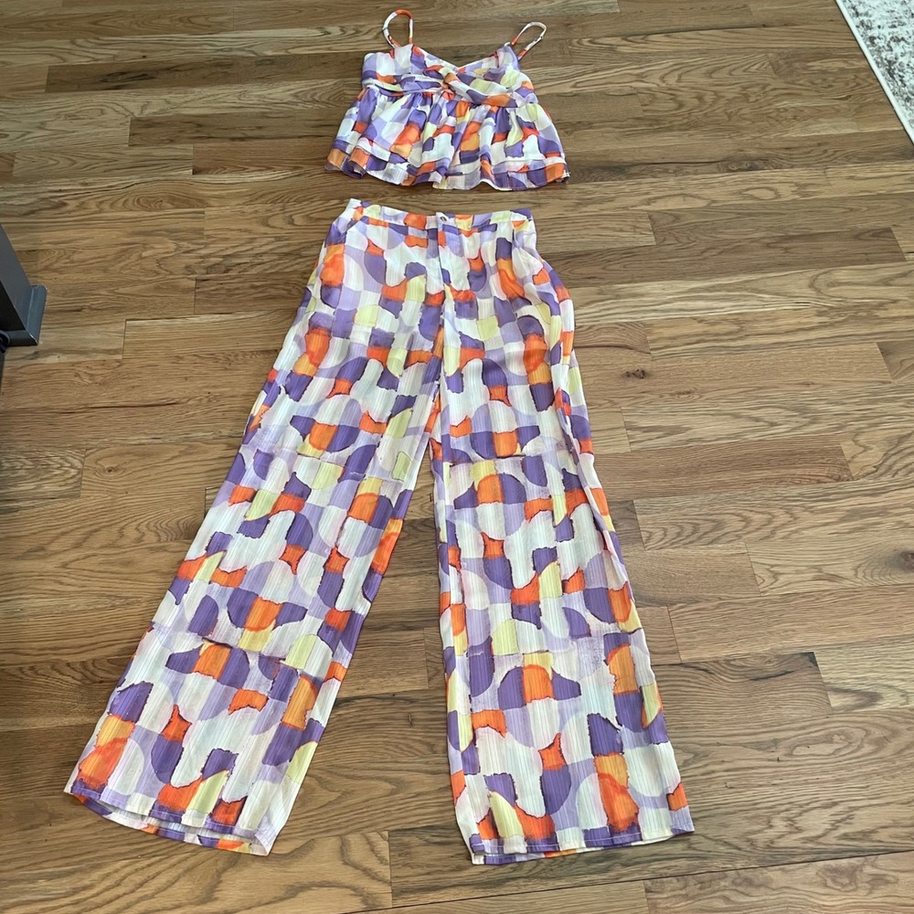 g.p.d. Women Abstract Geometric Print 2 Piece Set Crop Top Wide Leg Pants XS